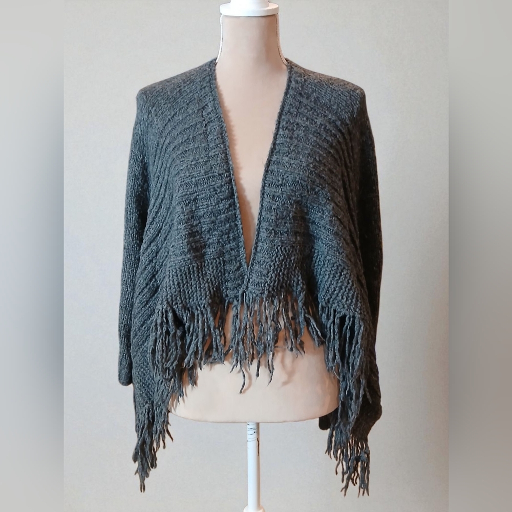 Hollister Wool Blend Drape Fringe Blanket Cardigan Cableknit Grey Womans XS